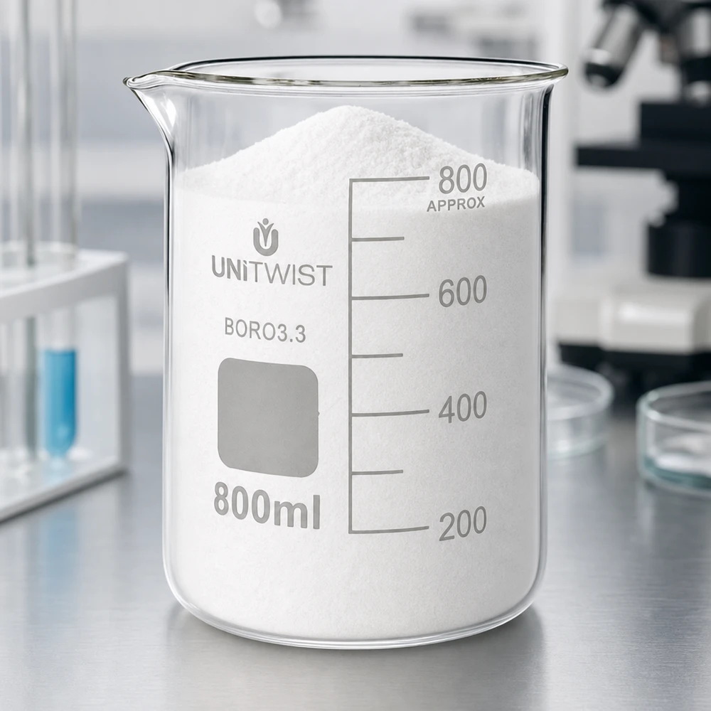Kádinka 800ml borosilikátová, nízká forma UNiTWIST Transparentes Becherglas 800ml niedrige Form UNiTWIST BORO 3.3 mit pulverförmigem Inhalt