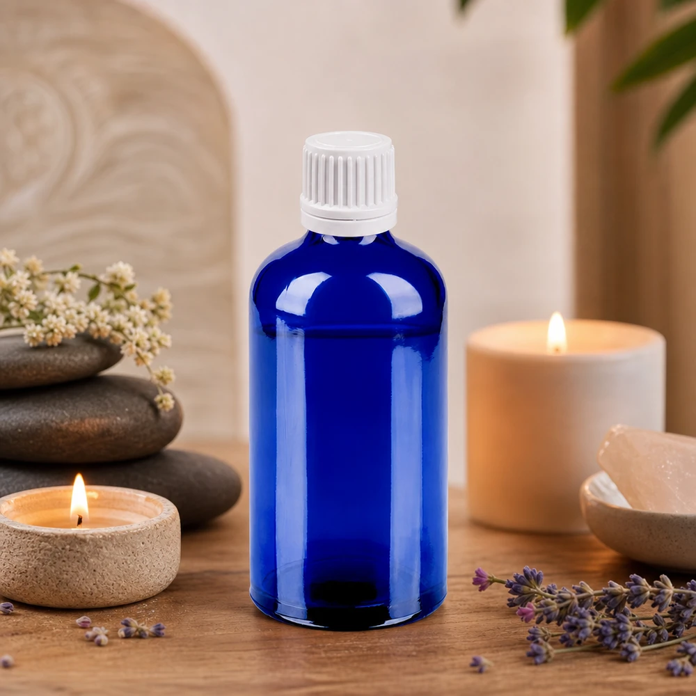 Premium 100ml Glasflasche mit matter Oberfläche in Blau und weißem Präzisionsverschluss für Experten