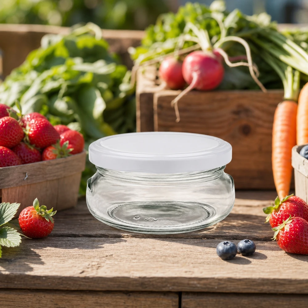 120ml zavařovací sklenice s víčkem BasicSeal bílá UNiTWIST 120ml Terrinenglas mit weißem Deckel zwischen frischem Obst und Gemüse auf rustikalem Holztisch