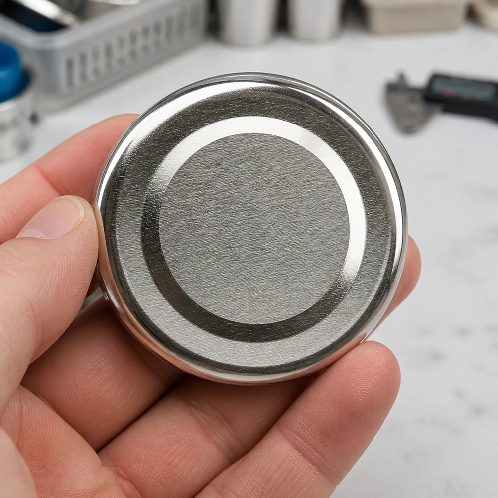 48mm víčko BasicSeal stříbrné (TO48) UNiTWIST UNiTWIST TO48 BasicSeal víčko stříbrné 48 mm, pohled shora, soustředné kruhy, kovová struktura