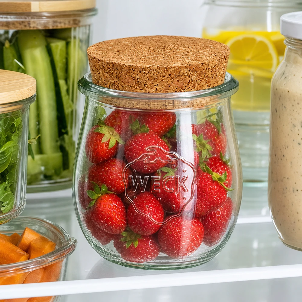 220ml tulipánová sklenice WECK RR60 s korkem přírodní WECK Tulpenglas 220ml mit Korkdeckel zur Aufbewahrung frischer Erdbeeren im Kühlschrank zwischen anderen Vorratsgläsern