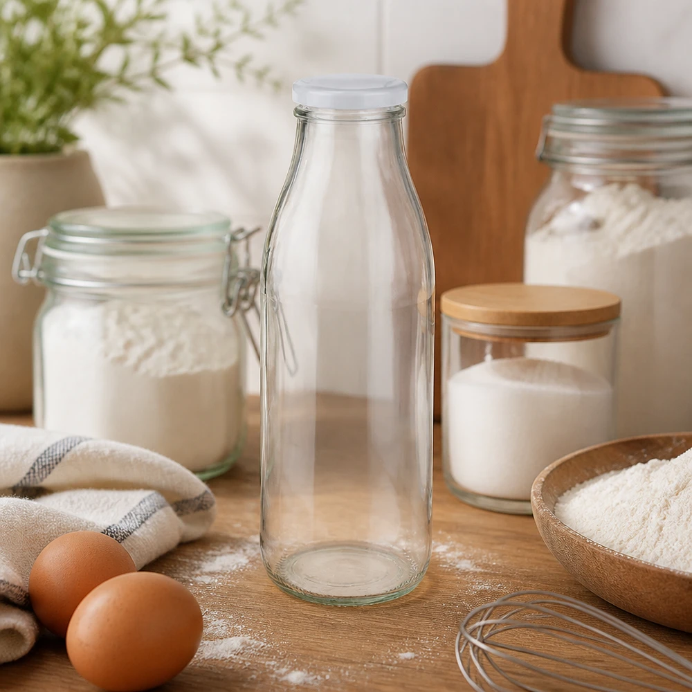 500ml skleněná láhev + víčko BasicSeal bílé UNiTWIST 500ml Glasflasche BasicSeal weiß in Küche mit Backzutaten Mehl Eiern und Küchengeräten Backen-Ambiente
