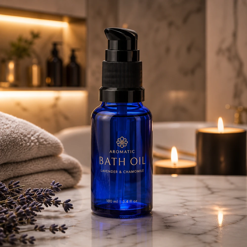 Lékárenská lahvička modrá 10ml s pumpičkovým uzávěrem černá standardní Hochwertige blaue Apothekerglas Flasche 10ml mit schwarzer Pumpe auf Marmoroberfläche