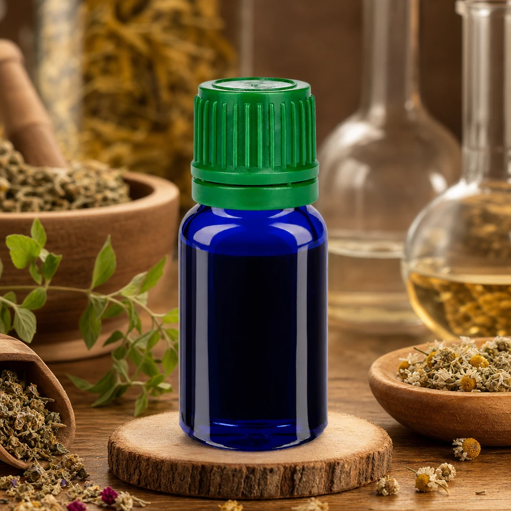 Premium 10ml Glasflasche in intensivem Kobaltblau mit langlebigem grünem Verschlusssystem