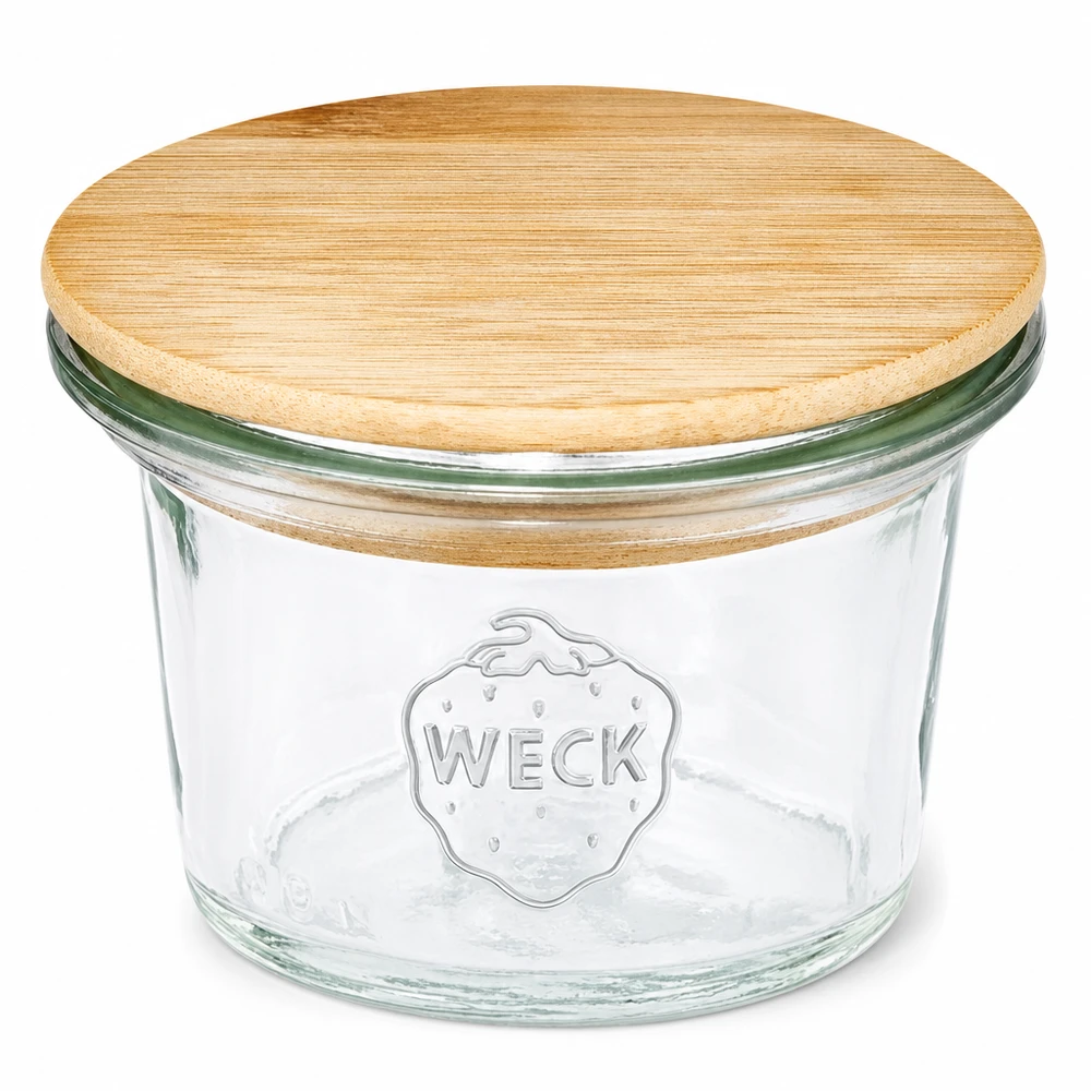 35ml mini zavařovací sklenice WECK RR40 s dřevěným víčkem WECK Sturzglas 35ml RR40 mit Bambus Holzdeckel Mini Einmachglas transparent mit WECK Logo