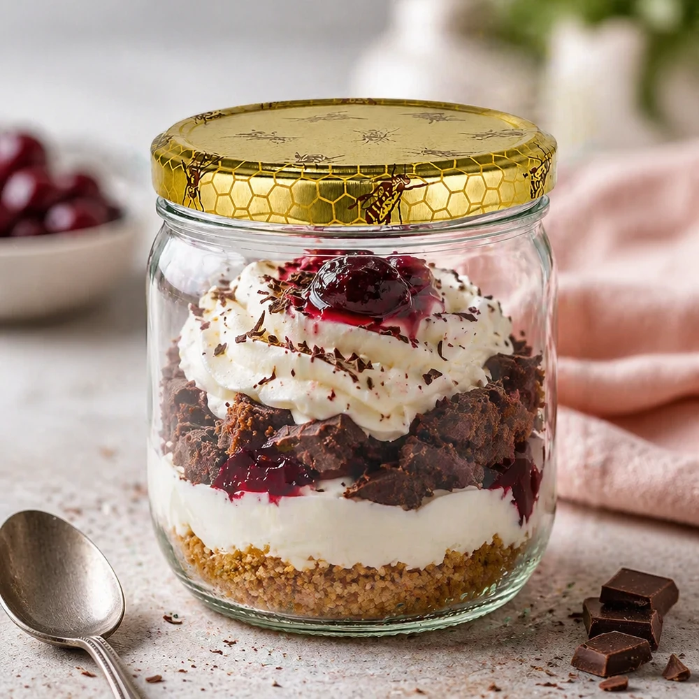 500g Honigglas als Dessertglas für Schoko-Kirsch-Trifle mit Sahne und goldenem Bienenwaben-Deckel