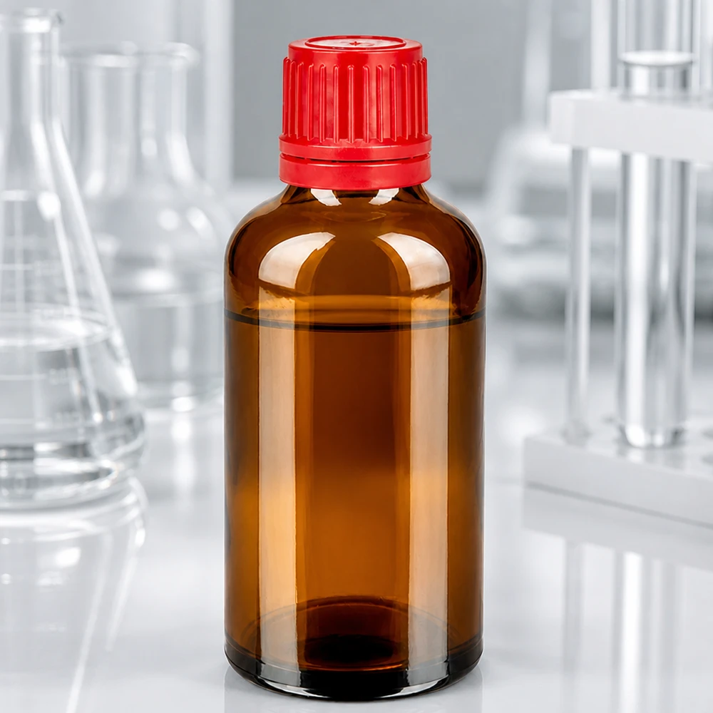 Hochwertige 50ml Braunglasflasche mit rotem OV Verschluss für sterile Flüssigkeitsaufbewahrung