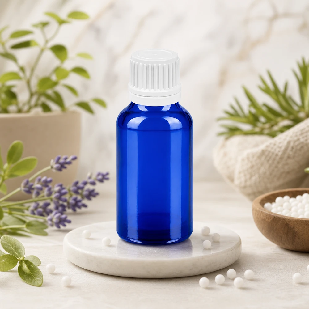 20ml láhev 11mm šroubovací uzávěr bílý s bezpečnostním uzávěrem BlueLine UT18/20 20ml Braunglasflasche-Alternative in Blau mit pharmazeutischem 11mm SV-Verschlusssystem