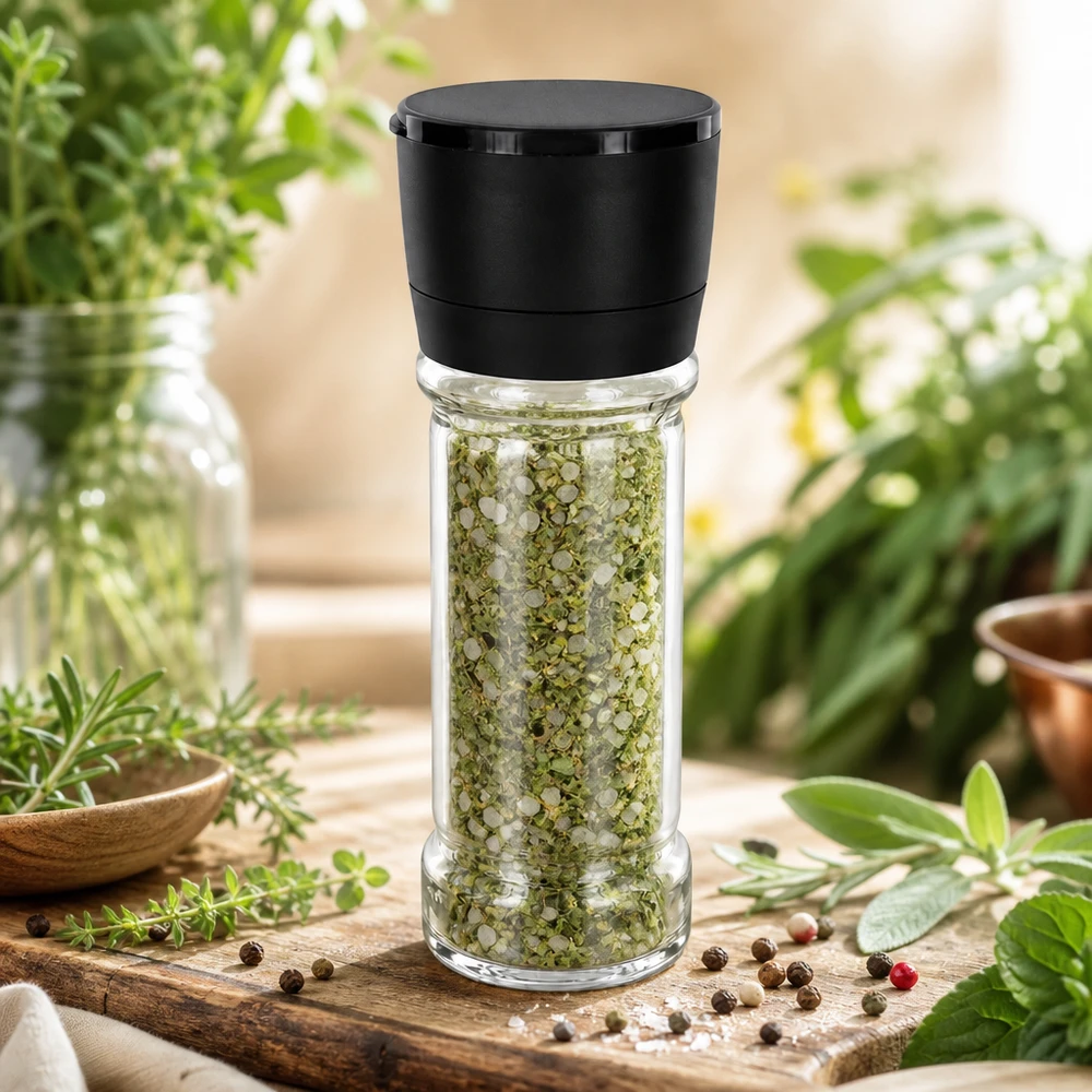 Befüllbare Kräutermühle 100ml aus Glas mit schwarzem Kunststoffaufsatz in mediterraner Umgebung