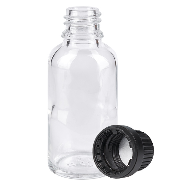 30ml láhev 11mm šroubovací uzávěr černý tamper-evidentní uzávěr ClearLine UT18/30 30ml láhev 11mm šroubovací uzávěr černý tamper-evidentní uzávěr ClearLine UT18/30
