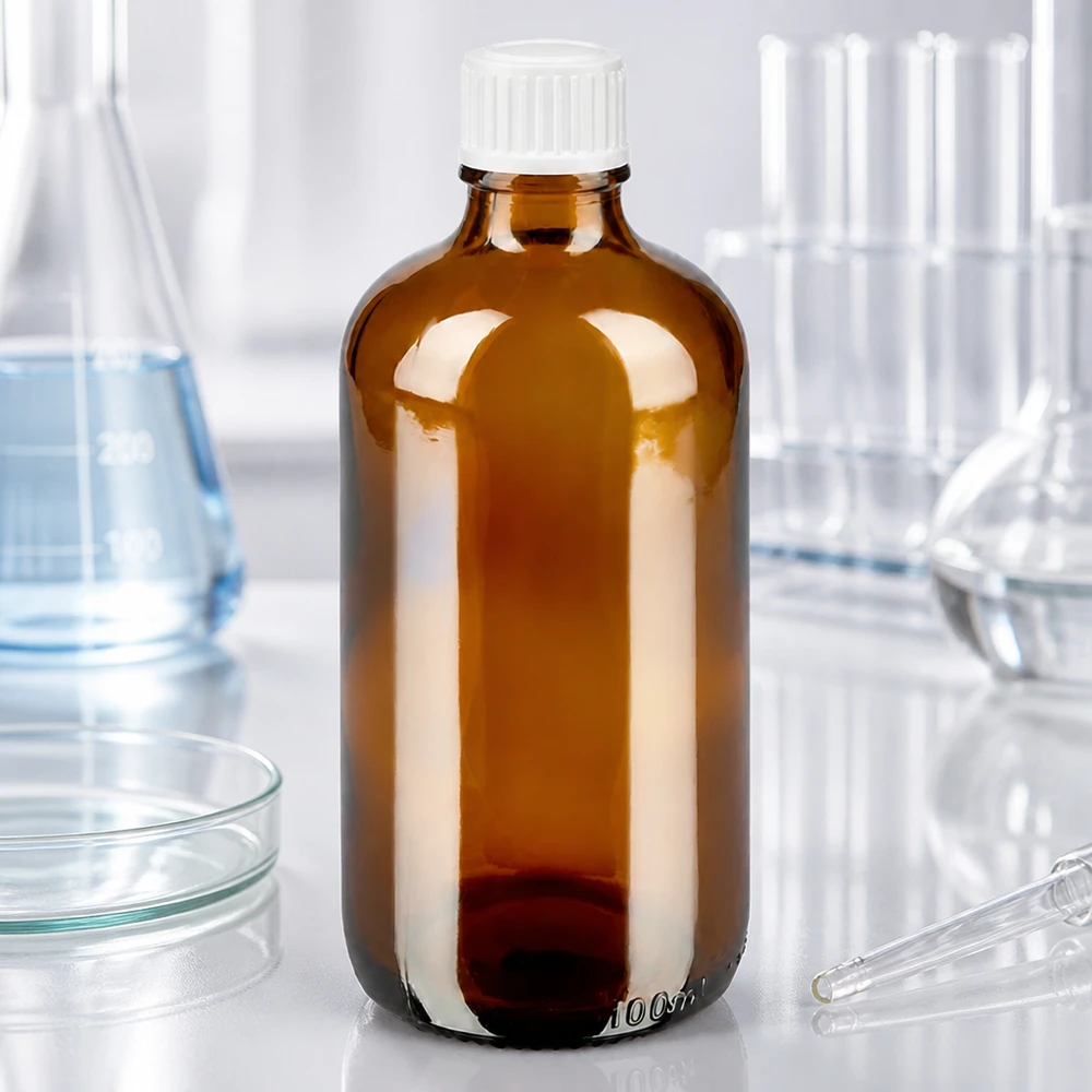 Lichtundurchlässige 100ml Braunglasflasche mit weißem Tropfverschluss für empfindliche Substanzen