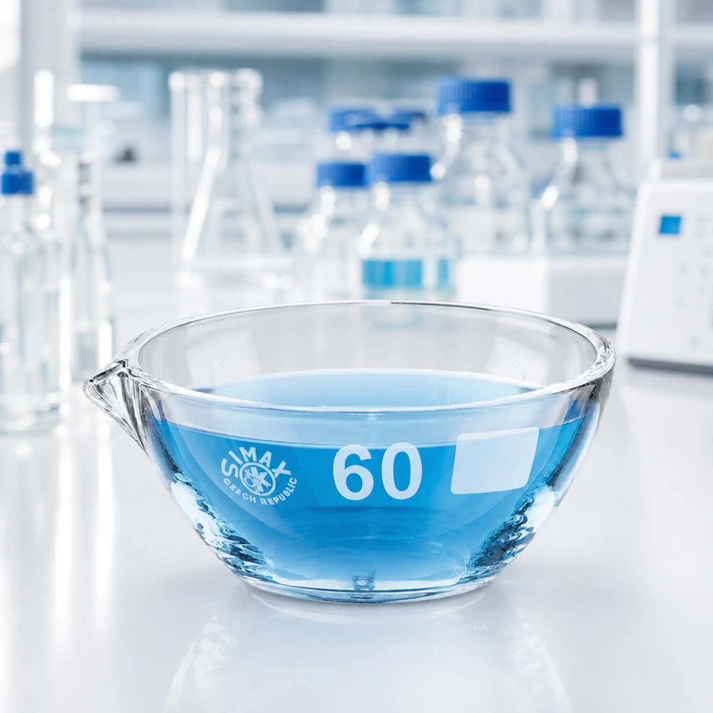 Zásobník na páry o objemu 45 ml s borosilikátovou výlevkou ø60 mm Ergonomische Abdampfschale 45ml Borosilikat ø60mm mit Ausguss für komfortable Handhabung im Labor