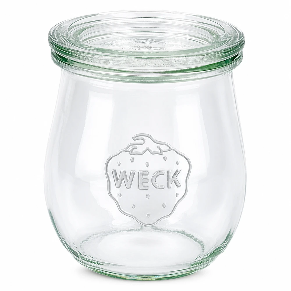 WECK Tulpenglas 220ml mit Glasdeckel RR60 Einmachglas transparent leer auf weißem Hintergrund