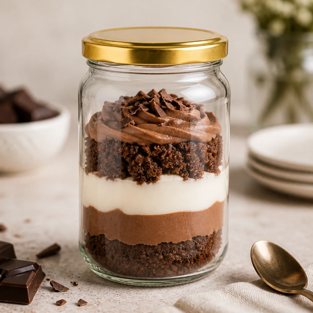 305ml kulatá sklenice s víčkem BasicSeal zlatá UNiTWIST 305ml Rundglas BasicSeal UNiTWIST gold gefüllt mit Schokoladendessert - Einmachglas für süße Nachspeisen und Trifle