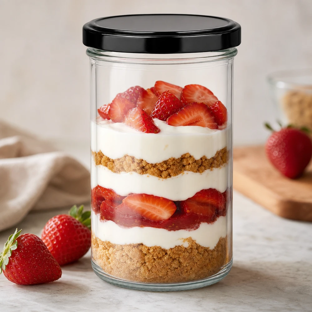 277ml kelímky s víčkem BasicSeal černé UNiTWIST 277ml Sturzglas als Dessertglas für Erdbeer-Tiramisu mit BasicSeal Deckel schwarz Schichtdessert im Glas