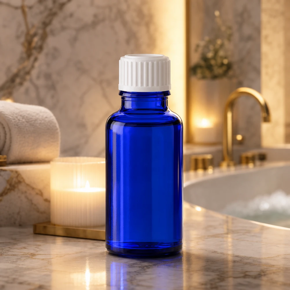 Kleine blaue Flasche 20ml aus UV-Schutzglas mit weißem Schraubdeckel Wellnessbereich