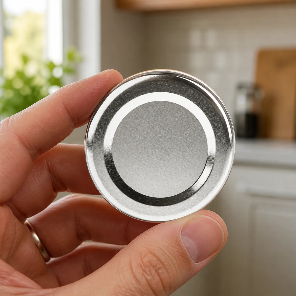 48mm víčko BasicSeal stříbrné (TO48) UNiTWIST UNiTWIST TO48 Kovové víčko, stříbrné, 48 mm, na pozadí kuchyně, držené v ruce