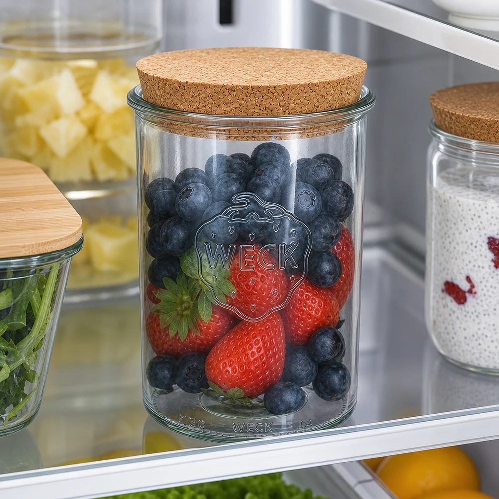 1000ml kelímky WECK RR100 s korkem přírodní WECK Sturzglas 1000ml RR100 mit Korkdeckel im Kühlschrank gefüllt mit frischen Beeren stylische Aufbewahrung Vorratsglas