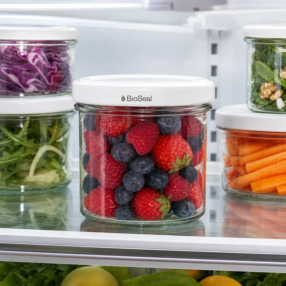 Tumbler o objemu 125 ml s bílým víčkem BioSeal UNiTWIST UNiTWIST Sturzglas 125ml Beeren Erdbeeren Heidelbeeren Kühlschrank frisch TO66 BioSeal weiß Deckel Glas