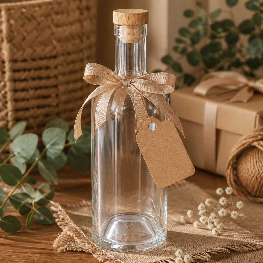 750ml Glasflasche "Attila" mit Holzgriffkorken UNiTWIST® 750ml Glasflasche Emma als Geschenkverpackung mit beiger Schleife und Anhänger in natürlicher Deko-Umgebung