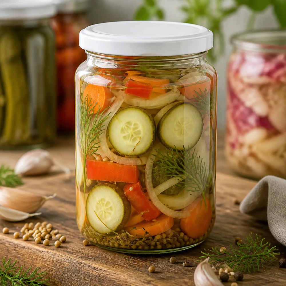 795ml kulatá sklenice s víčkem BasicSeal bílá UNiTWIST 795ml Rundglas gefüllt mit eingelegtem Gemüse zeigt praktische Verwendung für Konservierung und Meal Prep