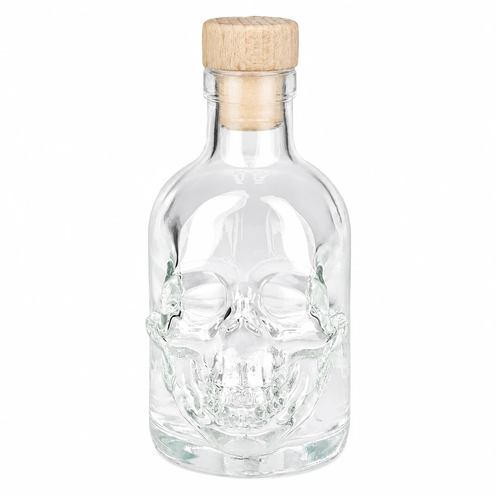 200ml Glasflasche Jack mit Totenkopf-Design und Holzkorken, leere Spirituosenflasche mit Schraubverschluss