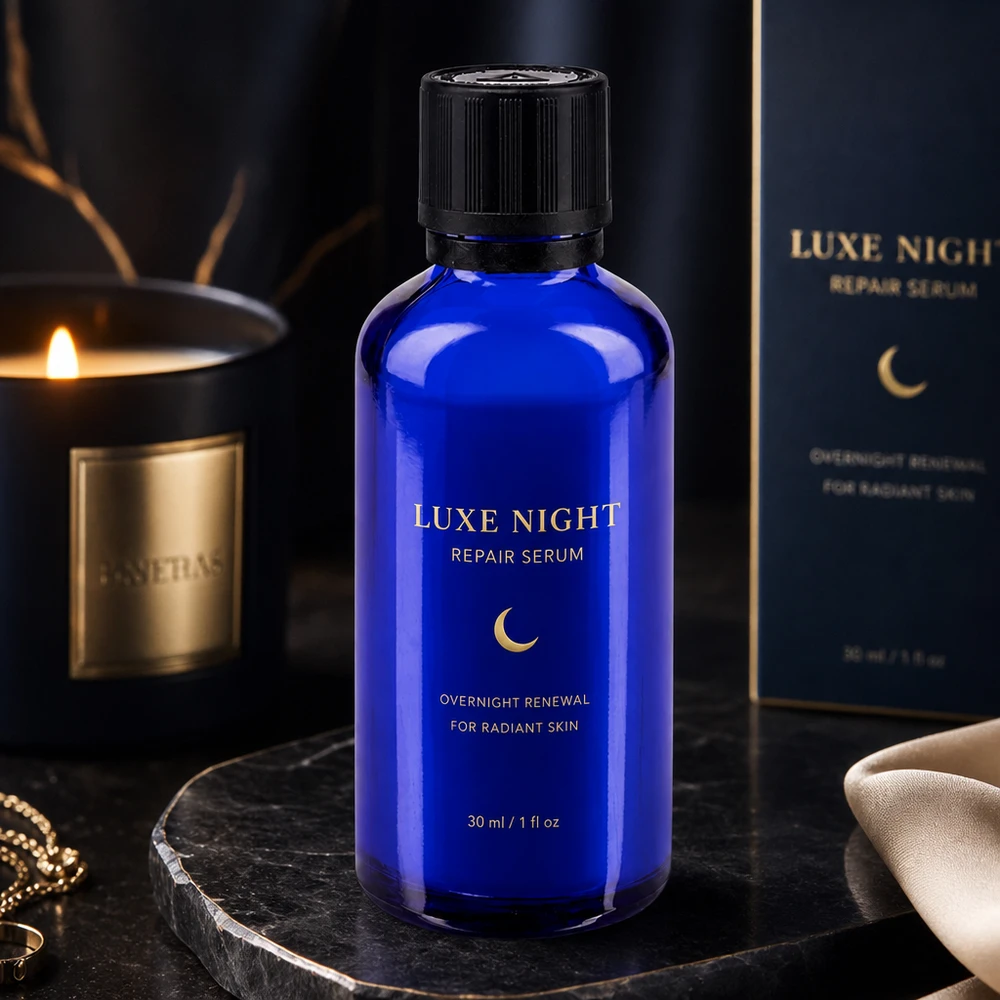 Blaues Apothekerglas mit Sicherheitsverschluss und Tropfeinsatz in luxuriösem Nachtpflege-Setting
