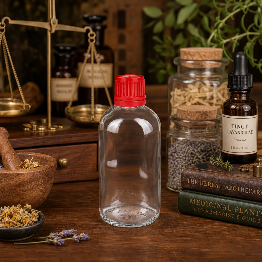 100ml láhev 11mm šroubovací uzávěr červený uzávěr ClearLine UT18/100 Zylindrische 100ml Glasflasche UT18 roter Verschluss umgeben von getrockneten Heilpflanzen und Kräutern