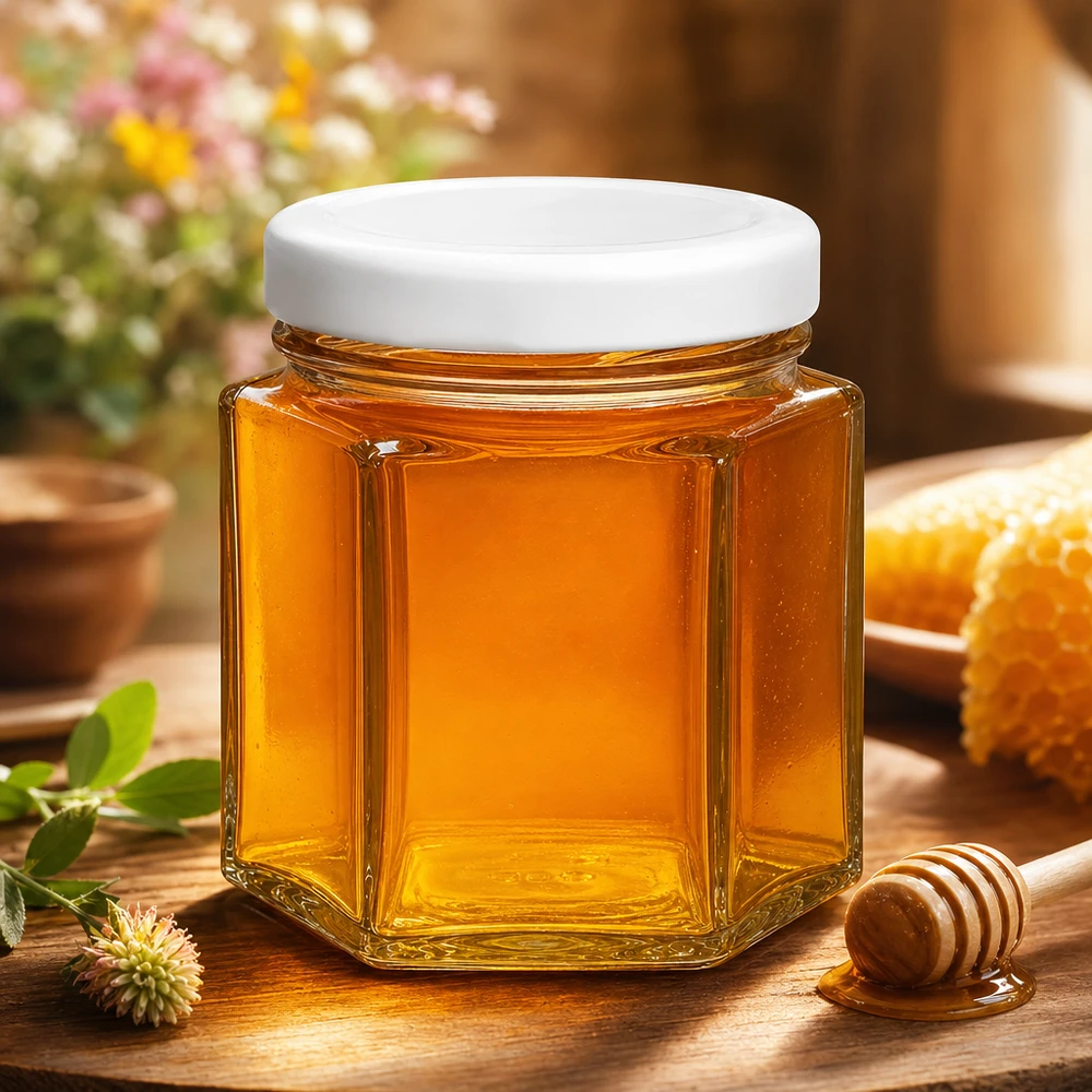 47ml šestihranná sklenice s víčkem BasicSeal bílá UNiTWIST 47ml Hexaglas mit BasicSeal Deckel gefüllt mit Honig neben Honiglöffel und Bienenwabe auf Holztisch