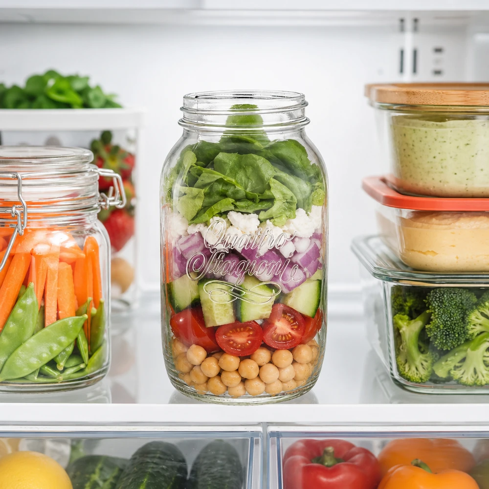 1500ml Quattro Stagioni Haushaltsglas mit Schichtsalat gefüllt im Kühlschrank neben anderen Vorratsgläsern mit Gemüse