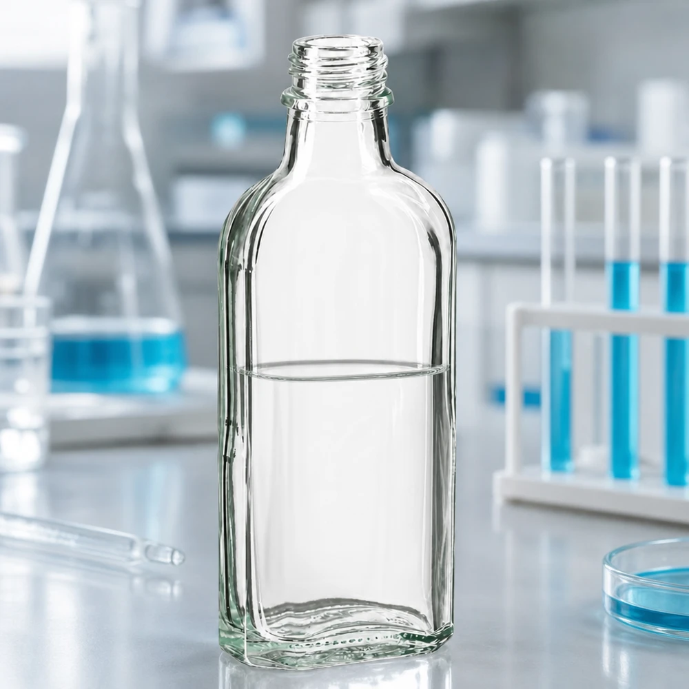 Halbgefüllte 100 ml Meplatflasche klar DIN22 zwischen Erlenmeyerkolben und Petrischale