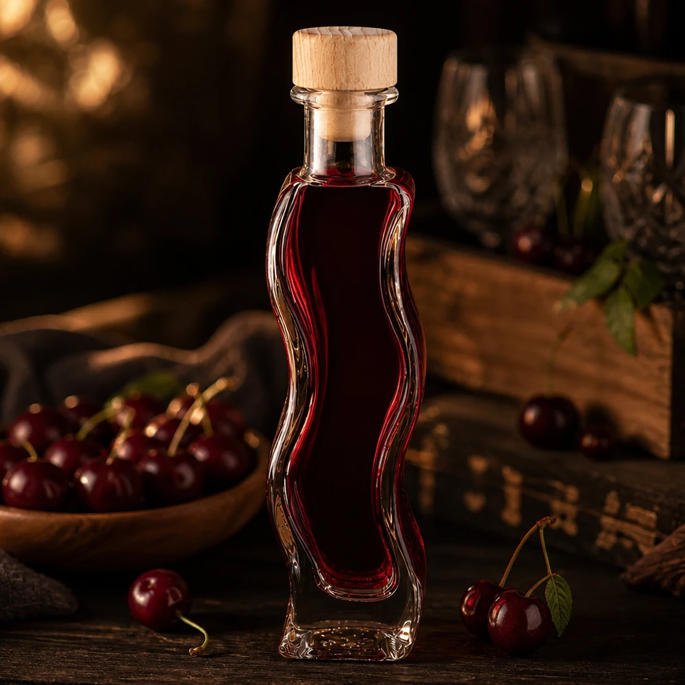 100ml Glasflasche Melissa mit rotem Kirschlikör gefüllt Holzkorken frische Kirschen gemütliche Küche atmosphärisch