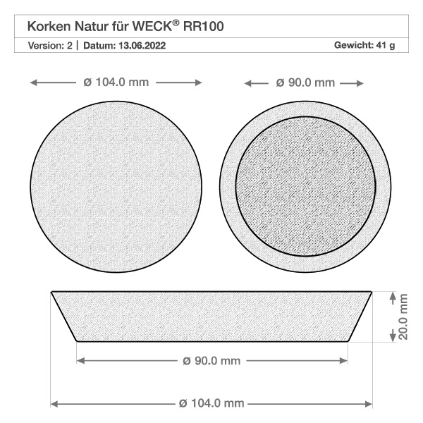 1062ml tulipánová sklenice WECK RR100 s korkem přírodní Technische Zeichnung WECK Korken natur für RR100 Glas mit Maßangaben Durchmesser 104mm und 90mm Höhe 20mm