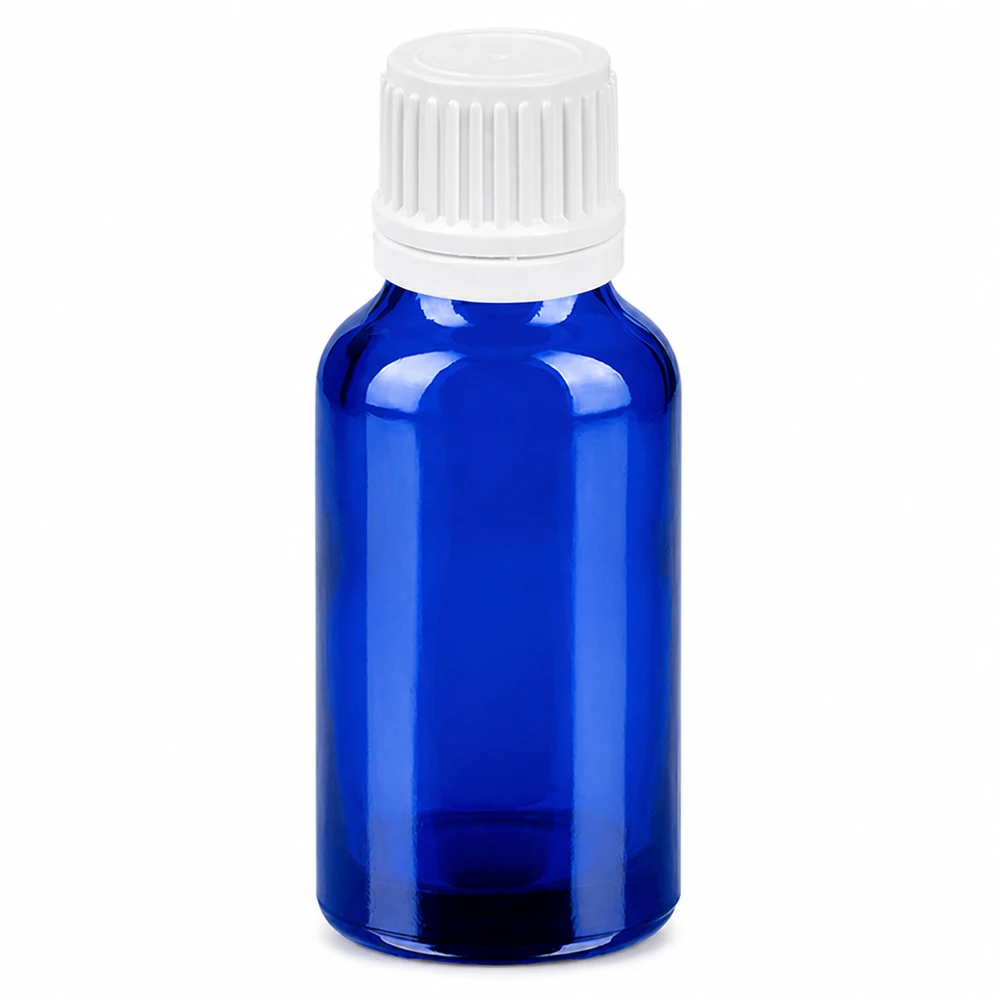20ml láhev 11mm šroubovací uzávěr bílý s bezpečnostním uzávěrem BlueLine UT18/20 Professionelle Apothekerflasche 20ml blau für Tinkturen und konzentrierte Essenzen