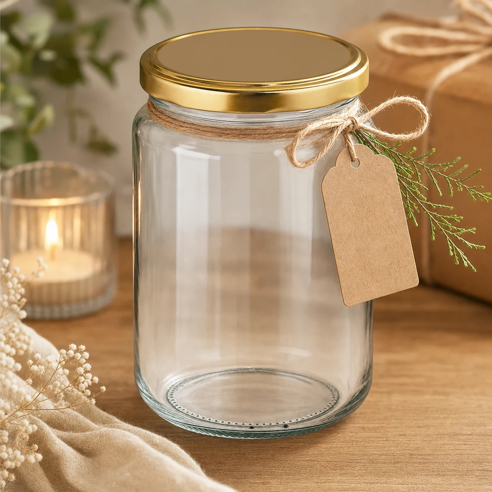 382ml kulatá sklenice s víčkem BasicSeal zlatá UNiTWIST 382ml Rundglas mit goldenem UNiTWIST Deckel dekorativ arrangiert mit Geschenkanhänger und Juteschnur