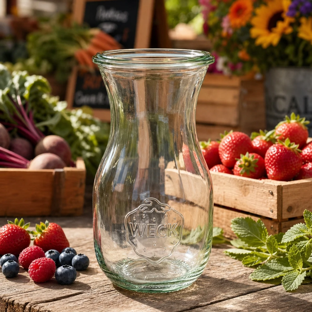 290ml láhev na šťávu WECK RR60 s dřevěným dřevem WECK Saftflasche 290ml RR60 auf Holztisch umgeben von frischen Beeren Erdbeeren und Kräutern im Bauernmarkt-Stil