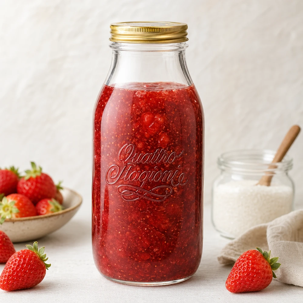 1000ml skleněná láhev "Quattro Stagioni" s víčkem Quattro Stagioni 1000ml Glasflasche mit Erdbeermarmelade gefüllt, umgeben von frischen Erdbeeren und Milchglas