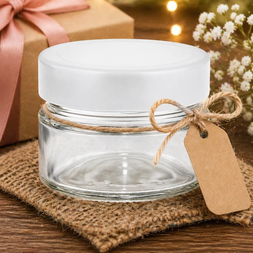 80ml kulatá sklenice s víčkem BasicSeal bílá hluboká UNiTWIST 80ml Rundglas mit weißem Deckel dekorativ präsentiert mit Geschenkverpackung und Juteseil-Banderole