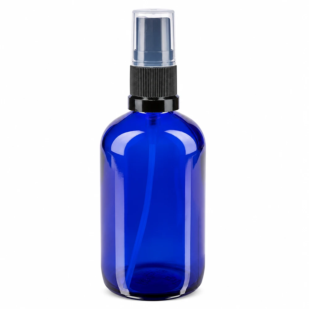 Lékárenská lahvička modrá 100ml rozprašovací víčko černá UV-Schutz Glassprayflasche 100ml in Blau mit schwarzem Standardzerstäuber für Pharmaprodukte
