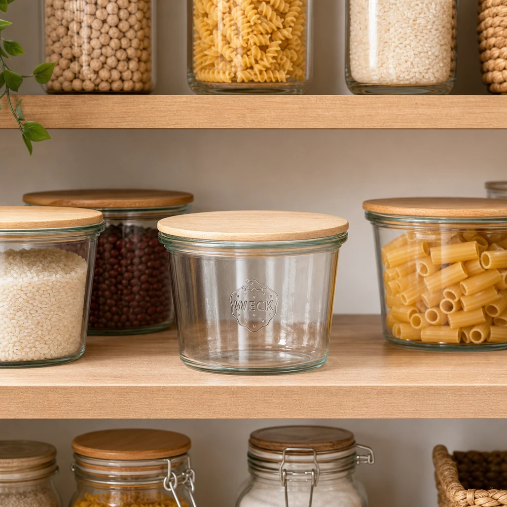 50ml miniaturní lahvička WECK RR60 s dřevěným víčkem WECK Mini Sturzglas 50ml leer in organisierter Vorratsküche zwischen gefüllten Gläsern mit Pasta und Hülsenfrüchten