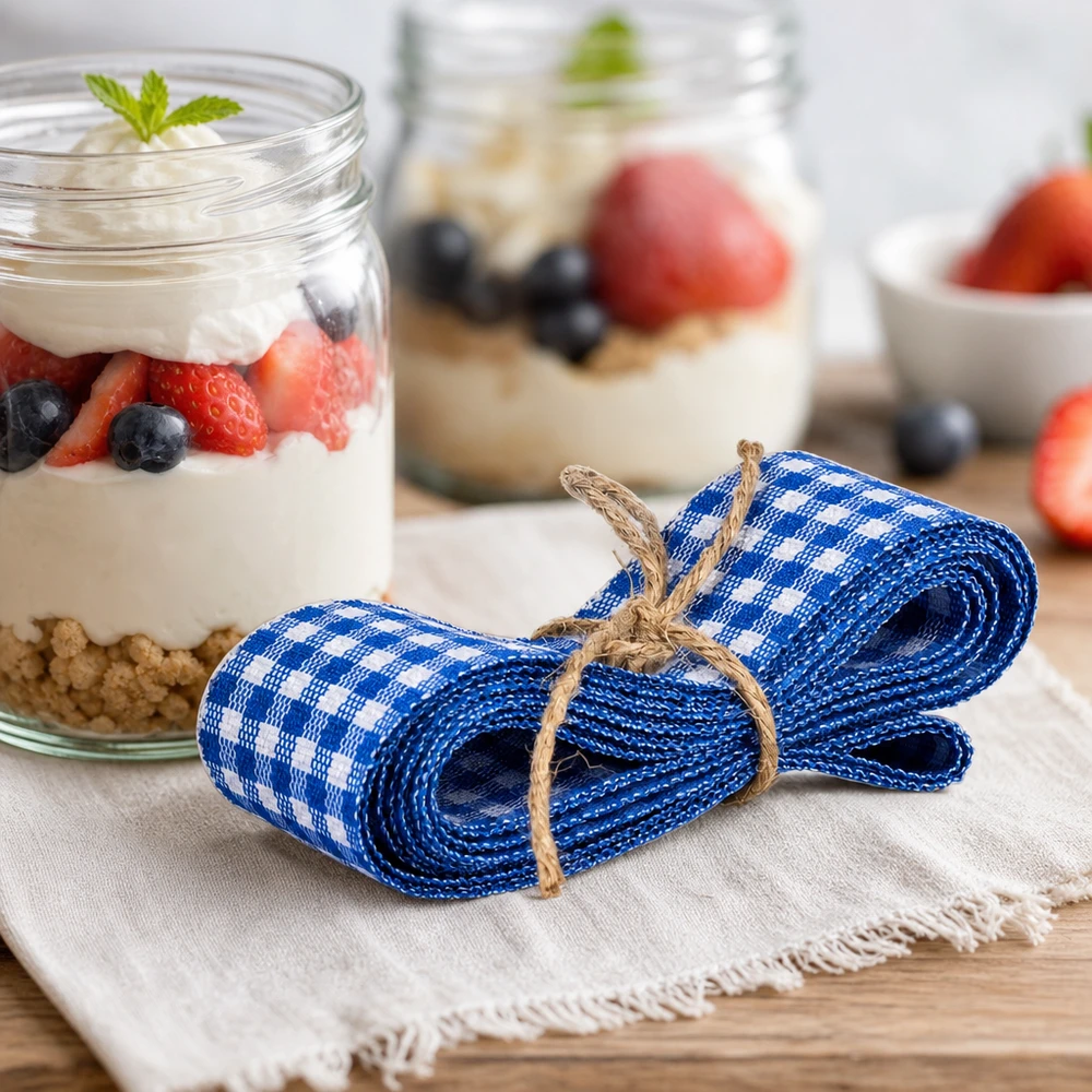 Látková stuha modrá/bílá na zdobení 300cm Blau-weißes kariertes Stoffband 300cm dekorativ gebunden neben Dessertgläsern mit Joghurt und Beeren