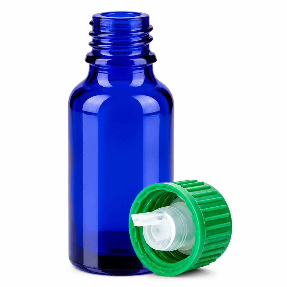 20ml lahvička s kapátkem 0,8 mm zelená standardní uzávěr BlueLine UT18/20 20ml blaue Apothekerflasche mit grünem Tropfdeckel 0.8mm Öffnung BlueLine Qualität