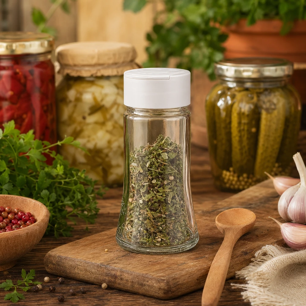 Dóza na sůl/koření 95 ml s dvojitým šejkrem bílá Wiederverwendbares Streuglas aus Glas 95ml mit weißem Deckel ideal für Kräuter und Gewürze