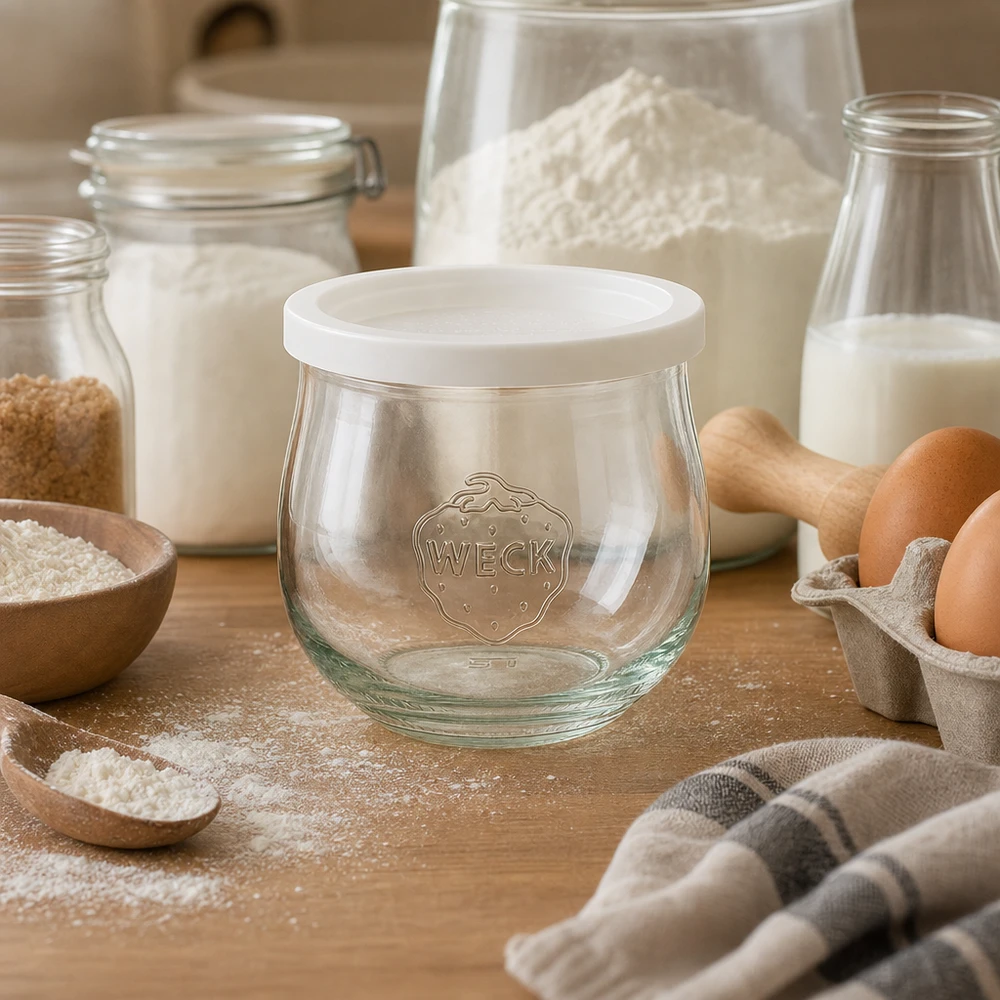 WECK Tulpenglas 370ml RR80 mit Frischedeckel in Backszene mit Mehl, Eiern und Milch auf Holzarbeitsplatte