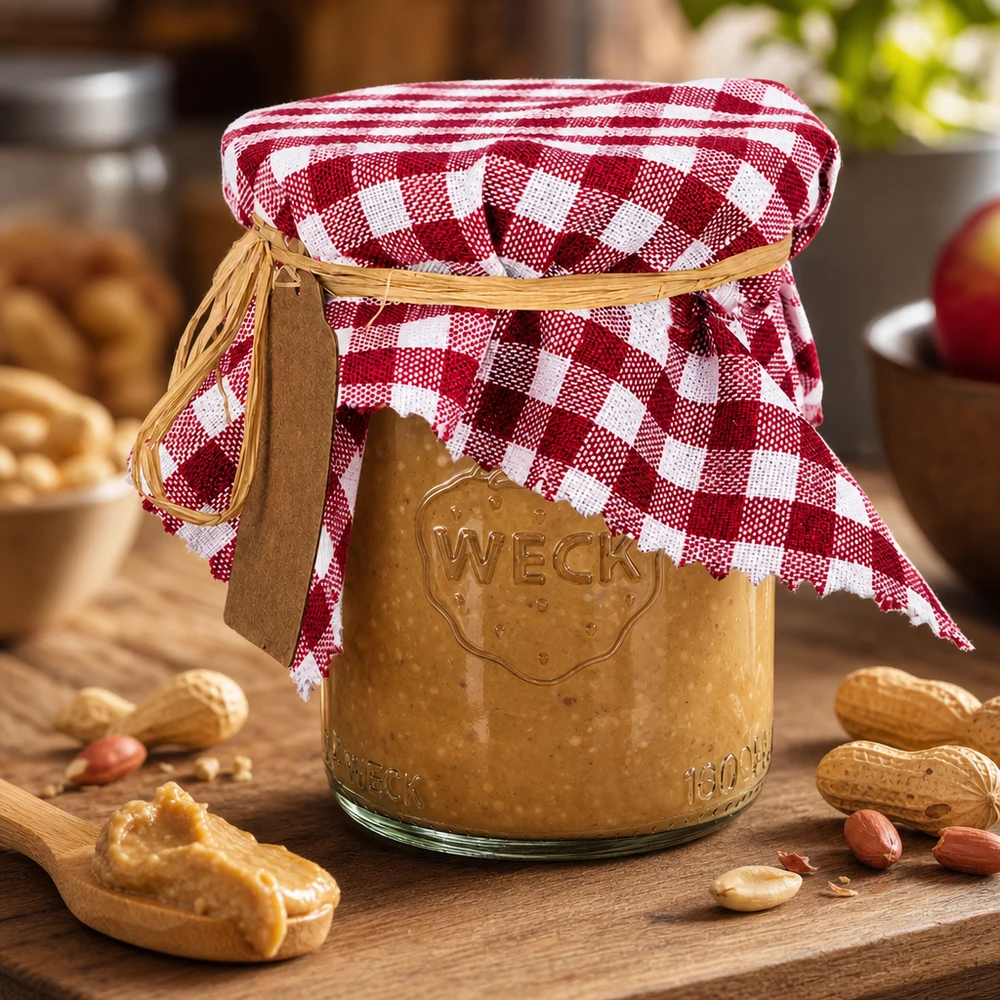 Látkový ubrousek na šperky bordó kostkovaný 15cm čtvercový Weck-Glas mit Erdnussbutter und bordeaux-kariertem Stoffdeckchen 15cm eckig auf Holzbrett mit Nüssen dekoriert