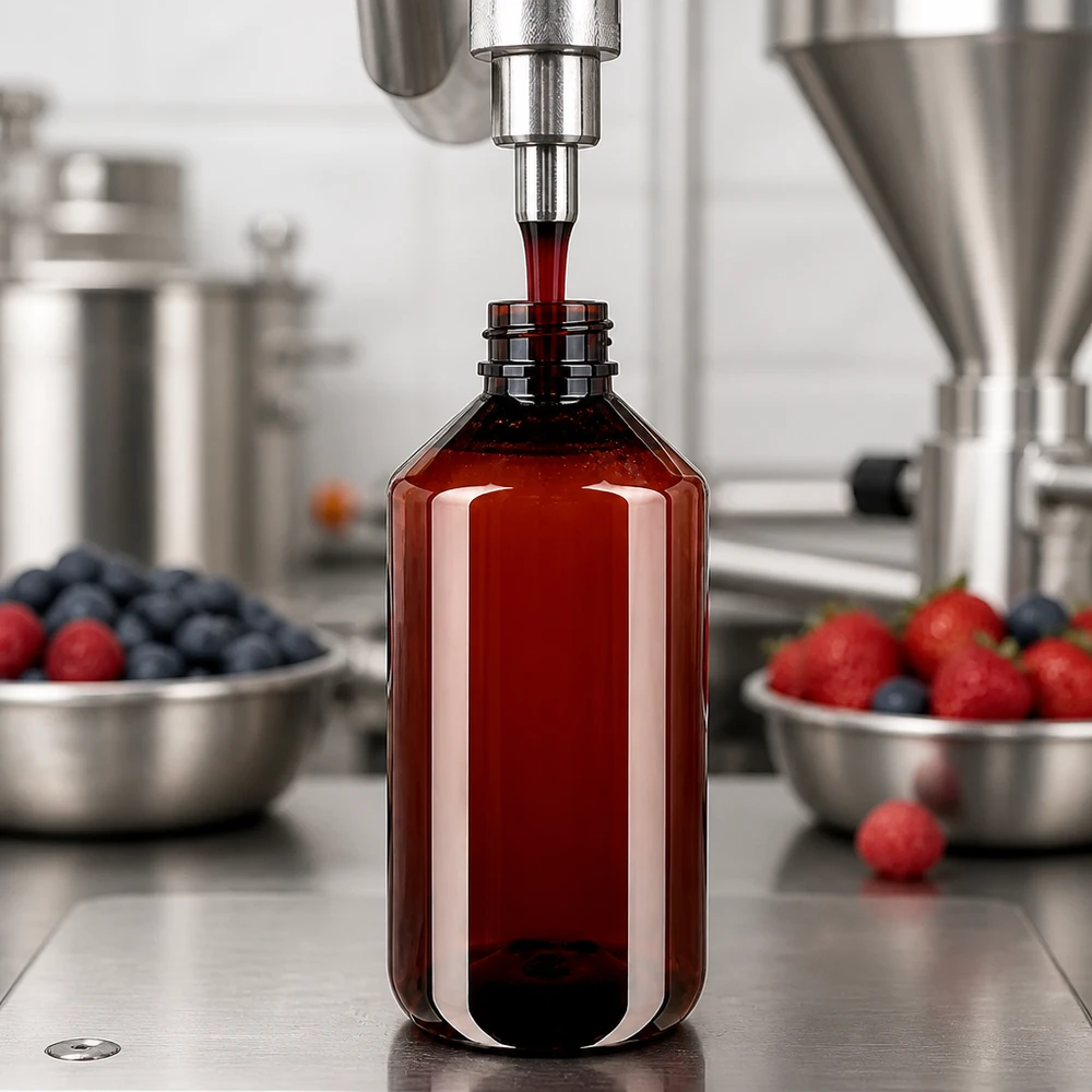 Hnědá PET láhev o objemu 750 ml se strojově plní extraktem z červeného ovoce