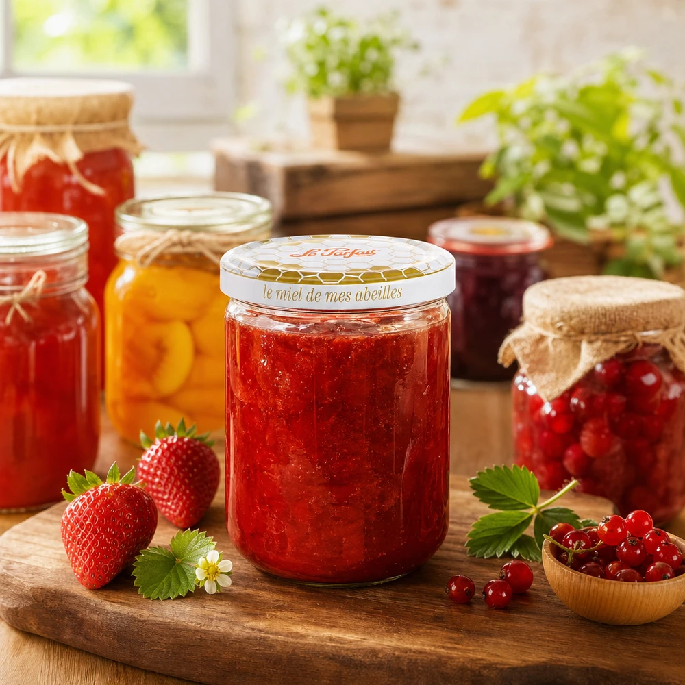 Le Parfait Honey Vorratsglas 212ml gefüllt mit roter Marmelade neben frischen Erdbeeren und anderen Einmachgläsern