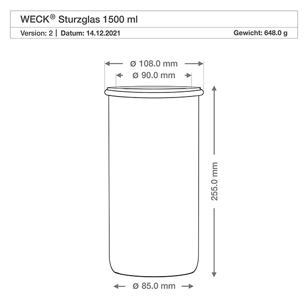 Sada 6 sklenic Weck o objemu 1500 ml kulatých. Technische Zeichnung WECK Sturzglas 1500ml RR100 mit Maßangaben, Durchmesser 108mm, Höhe 255mm, Gewicht 648g