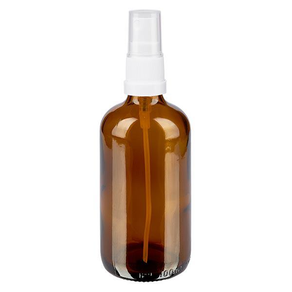 Lékárenská lahvička hnědá 100ml rozprašovač bílý Lékárenská lahvička hnědá 100ml rozprašovač bílý