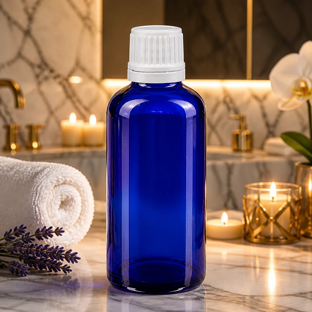Lékárenská láhev modrá 50ml šroubovací uzávěr bílý s ochranným uzávěrem. 50ml blaue Apothekerflasche mit weißem OV neben Handtuch und Duftkerzen